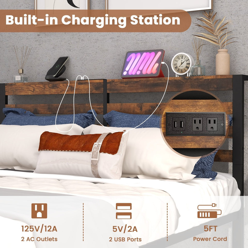 Estructura de cama metálica tamaño queen con cabecero con almacenamiento, 2 enchufes, 2 puertos USB y 12 pulgadas de espacio libre inferior