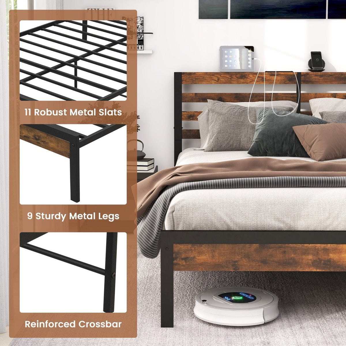 Estructura de cama metálica tamaño queen con cabecero con almacenamiento, 2 enchufes, 2 puertos USB y 12 pulgadas de espacio libre inferior