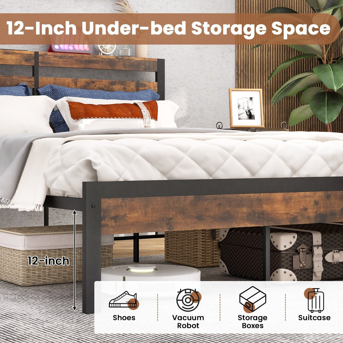 Estructura de cama metálica tamaño queen con cabecero con almacenamiento, 2 enchufes, 2 puertos USB y 12 pulgadas de espacio libre inferior