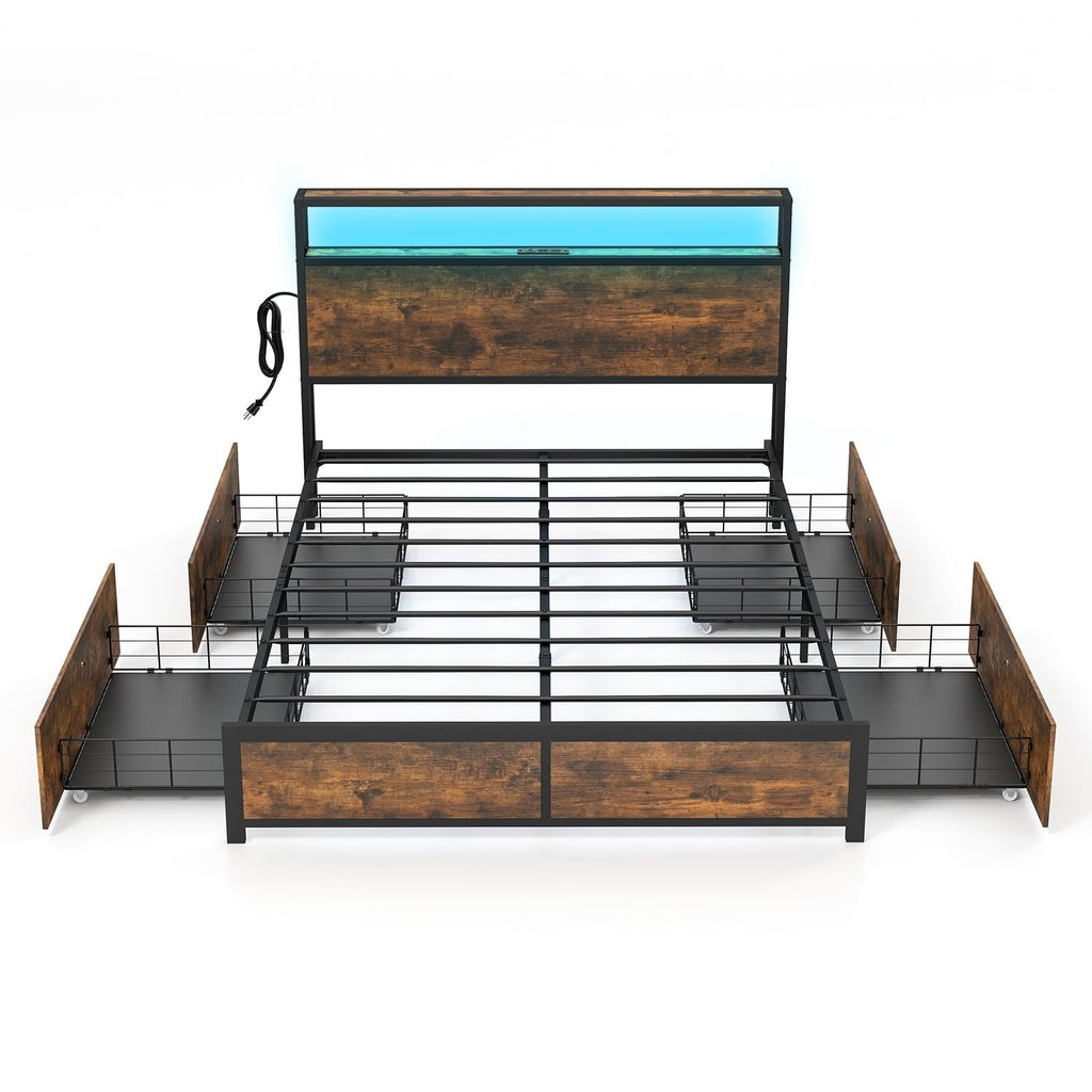 Full Size Metal Bed with Smart LED Headboard, Charging Station and 4 Lined Drawers, Rustic Brown
