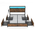 Full Size Metal Bed with Smart LED Headboard, Charging Station and 4 Lined Drawers, Rustic Brown