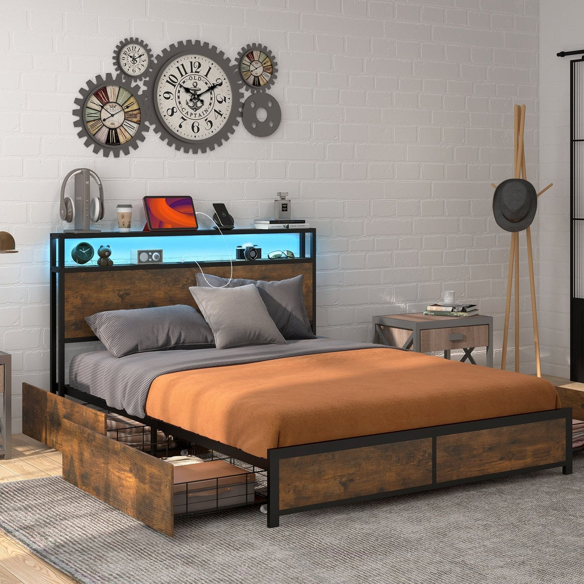 Full Size Metal Bed with Smart LED Headboard, Charging Station and 4 Lined Drawers, Rustic Brown