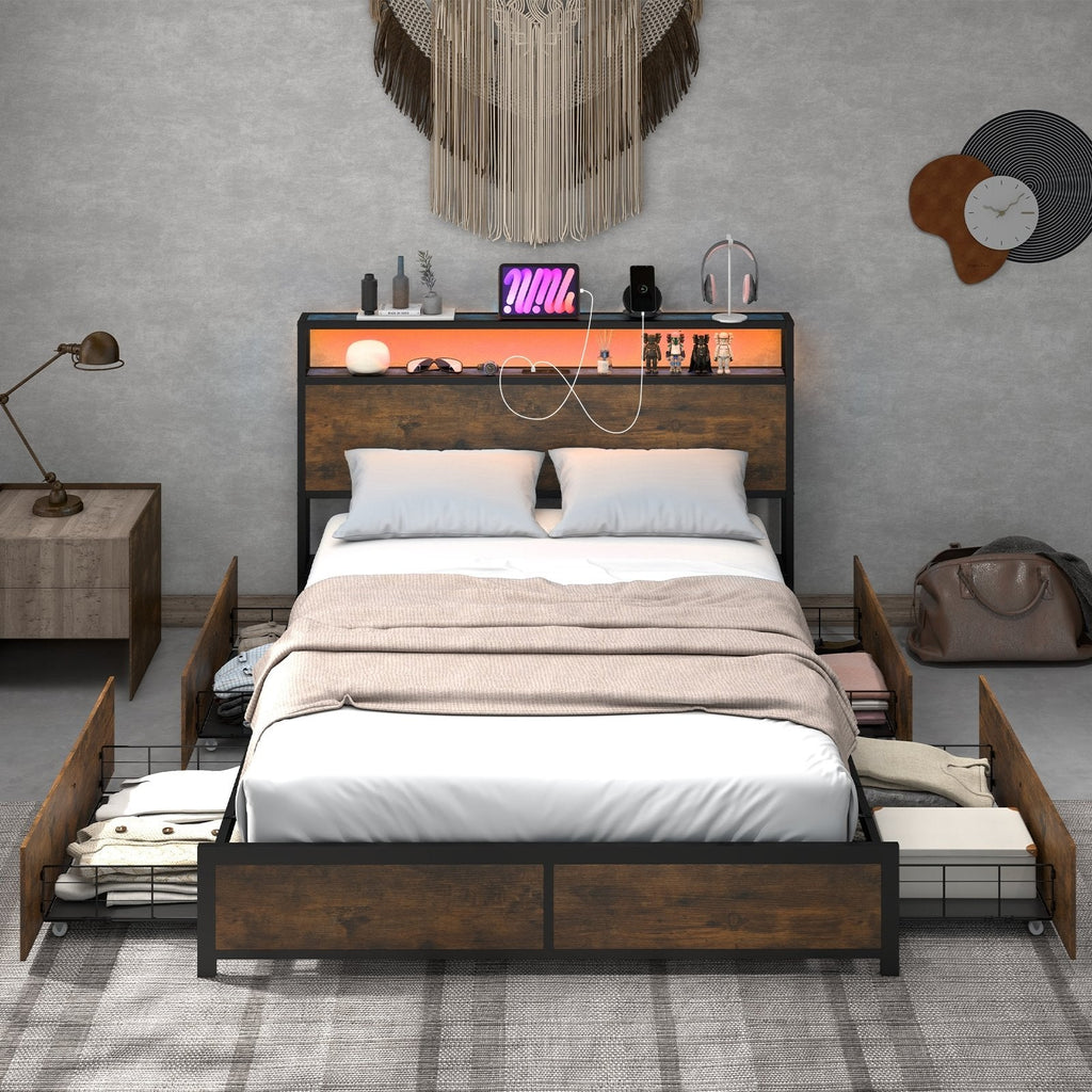 Full Size Metal Bed with Smart LED Headboard, Charging Station and 4 Lined Drawers, Rustic Brown