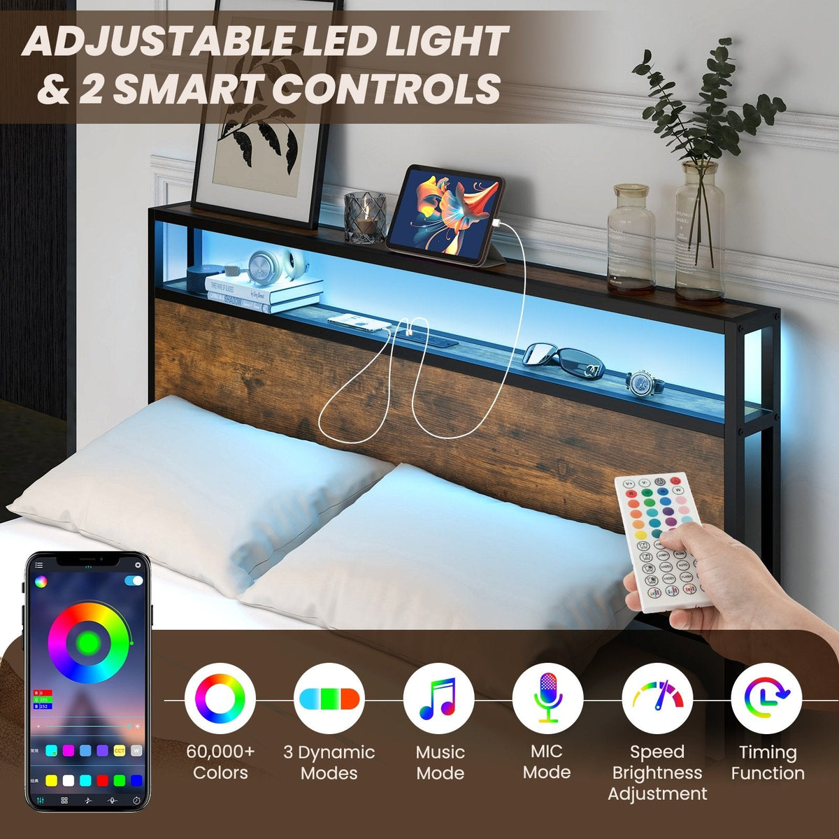 Full Size Metal Bed with Smart LED Headboard, Charging Station and 4 Lined Drawers, Rustic Brown