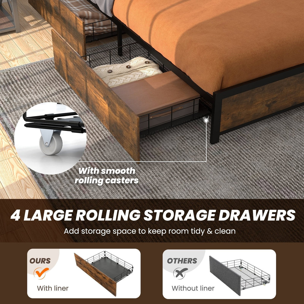 Full Size Metal Bed with Smart LED Headboard, Charging Station and 4 Lined Drawers, Rustic Brown