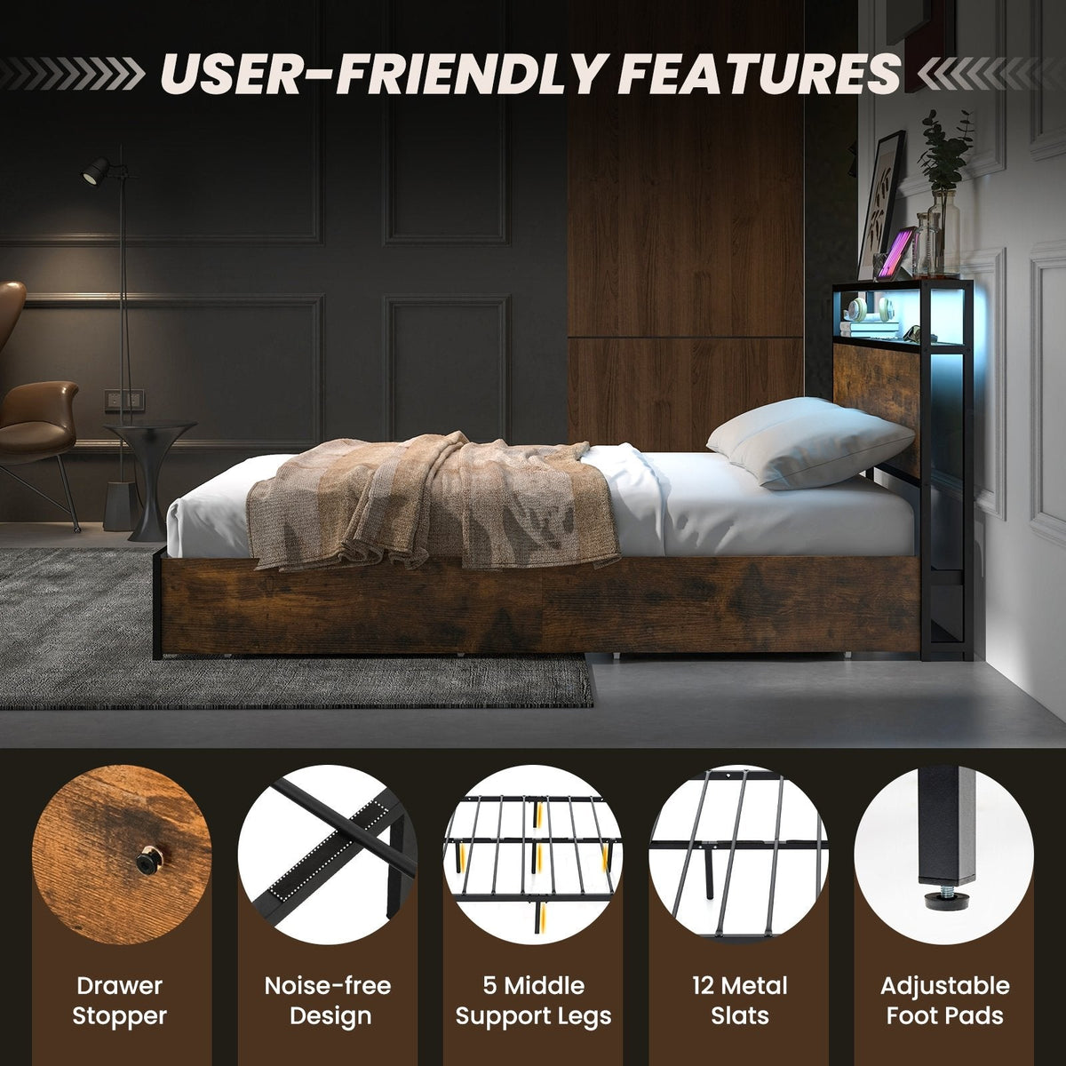 Full Size Metal Bed with Smart LED Headboard, Charging Station and 4 Lined Drawers, Rustic Brown