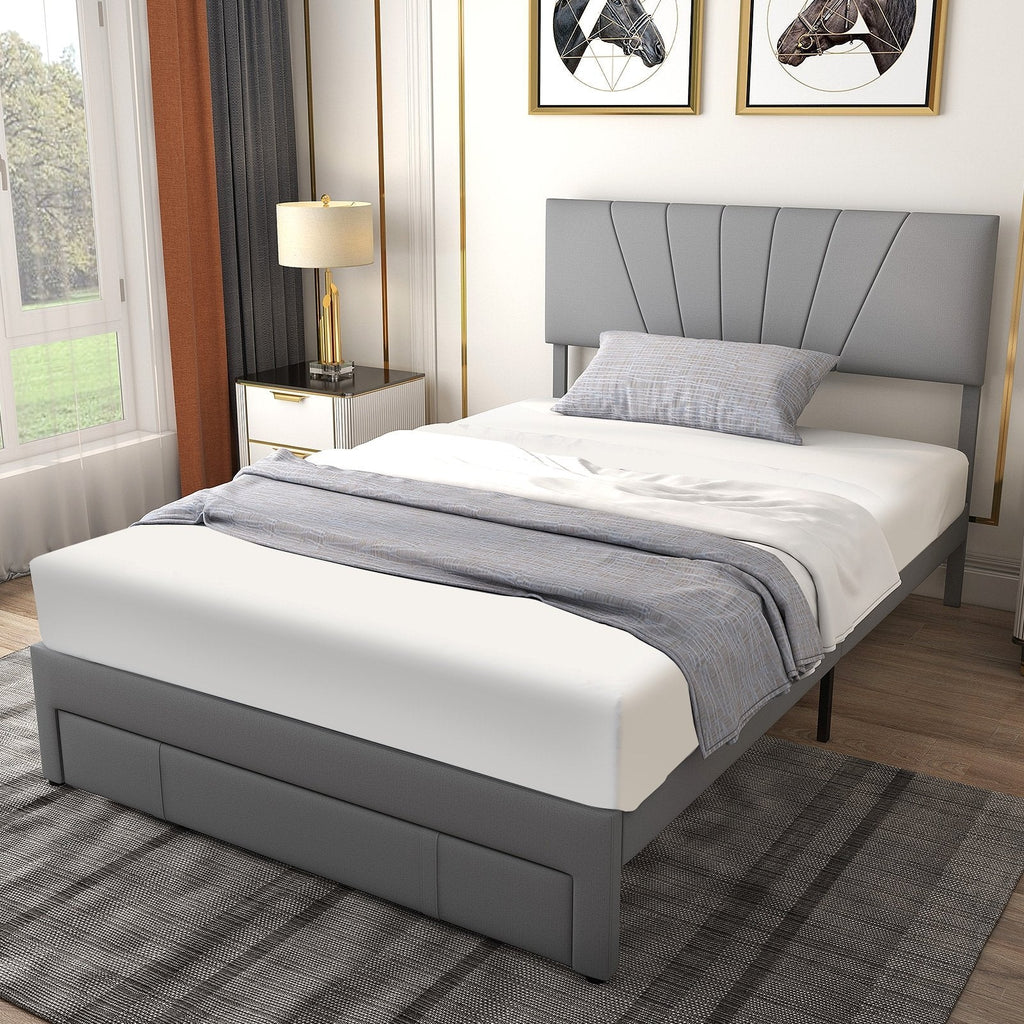 Polsterbett in Full-Size mit verstellbarem Kopfteil und einer ausziehbaren Schublade (45,5 Zoll), Grau