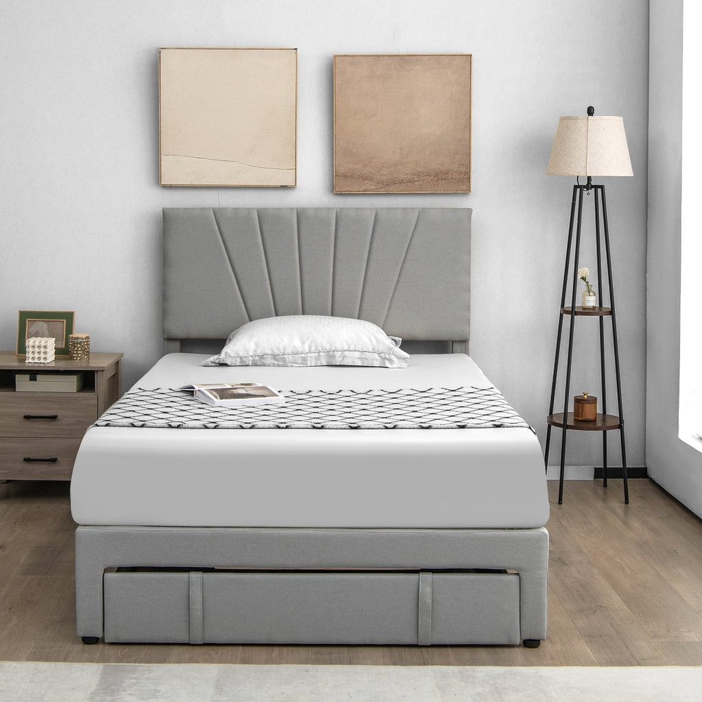 Polsterbett in Full-Size mit verstellbarem Kopfteil und einer ausziehbaren Schublade (45,5 Zoll), Grau