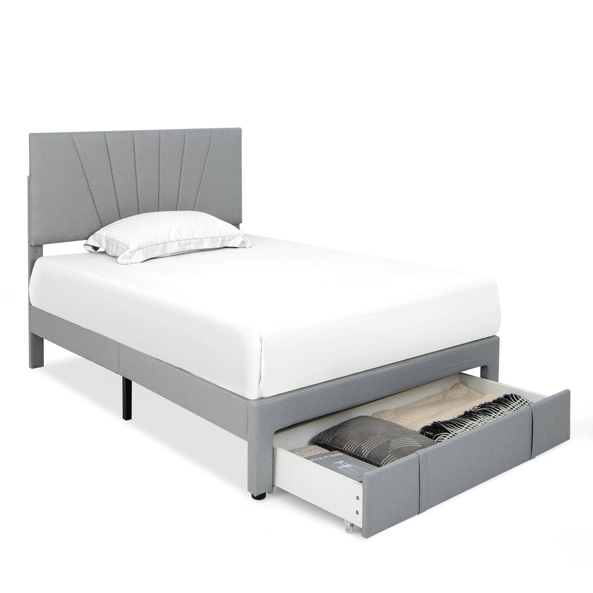 Polsterbett in Full-Size mit verstellbarem Kopfteil und einer ausziehbaren Schublade (45,5 Zoll), Grau