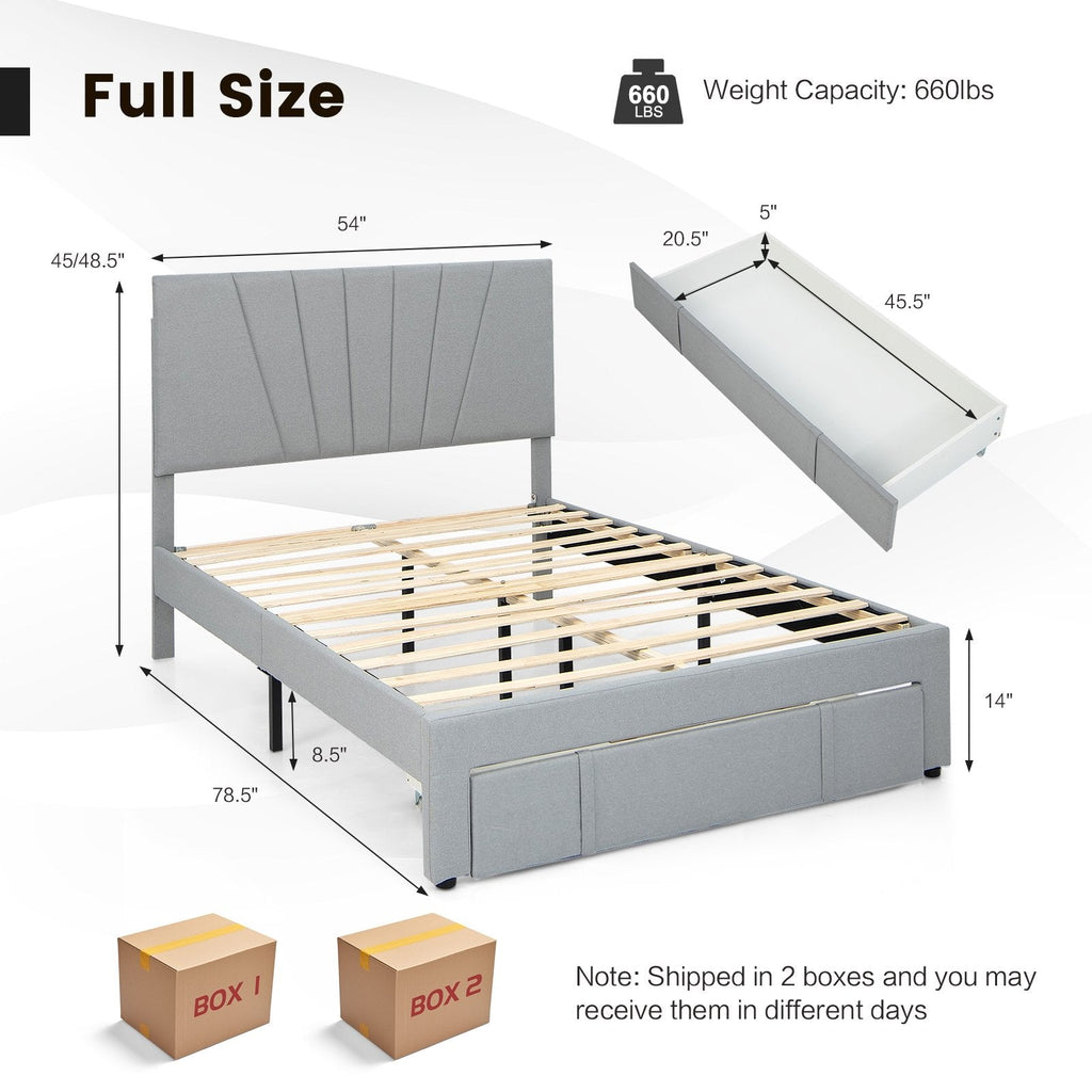 Polsterbett in Full-Size mit verstellbarem Kopfteil und einer ausziehbaren Schublade (45,5 Zoll), Grau