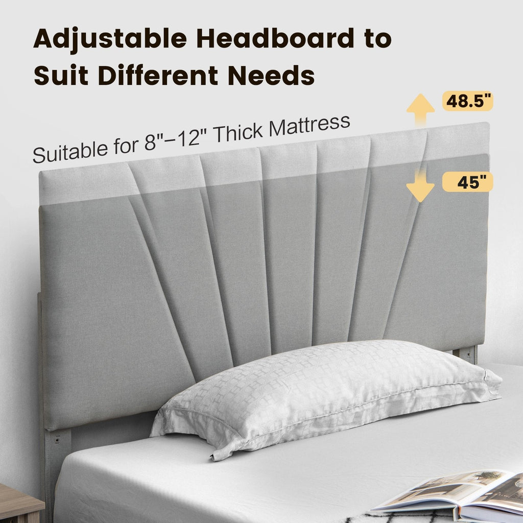 Polsterbett in Full-Size mit verstellbarem Kopfteil und einer ausziehbaren Schublade (45,5 Zoll), Grau