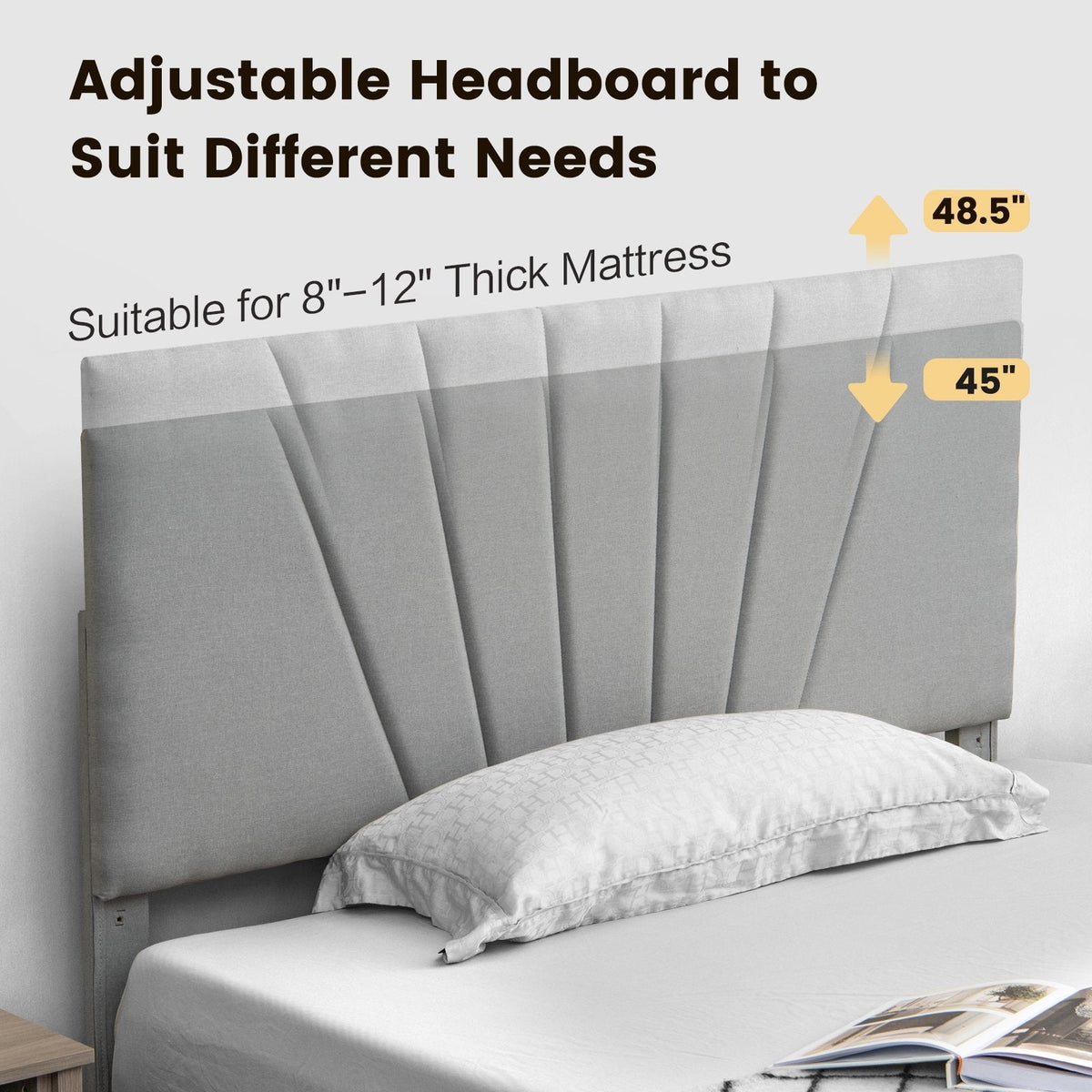 Polsterbett in Full-Size mit verstellbarem Kopfteil und einer ausziehbaren Schublade (45,5 Zoll), Grau