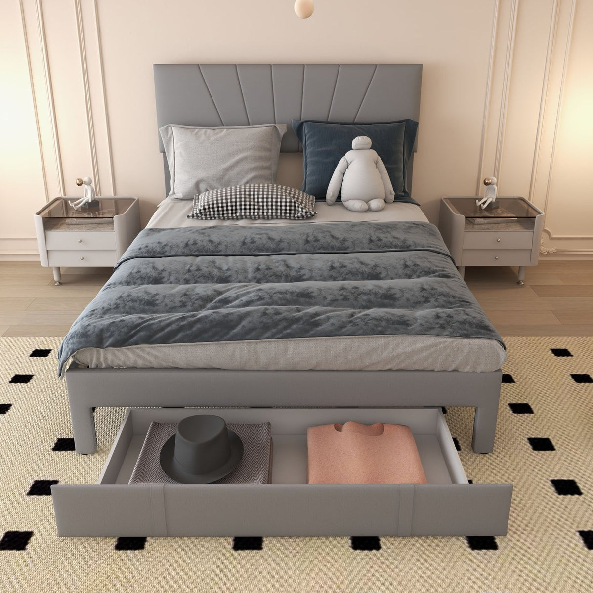 Polsterbett in Queen-Size mit verstellbarem Kopfteil und einer 45,5 Zoll großen Ausziehwahne, Grau