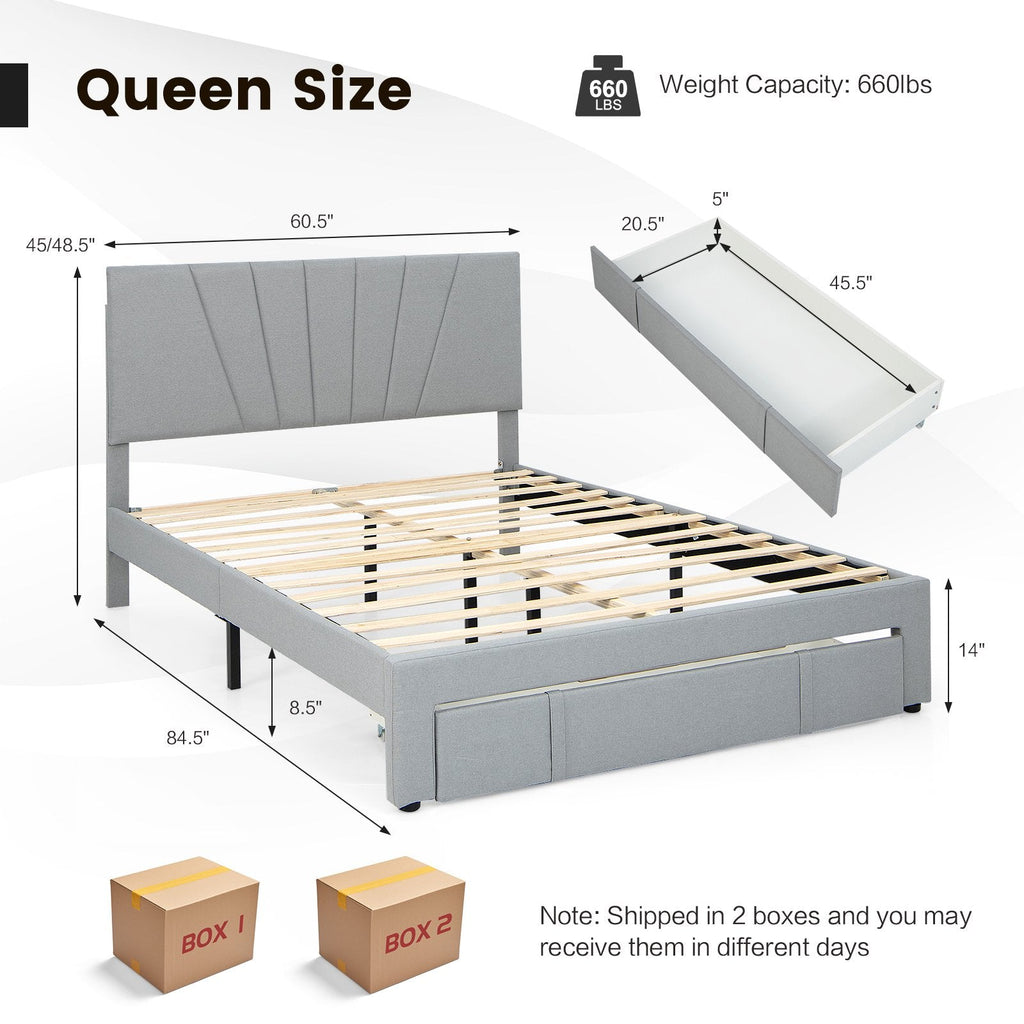 Polsterbett in Queen-Size mit verstellbarem Kopfteil und einer 45,5 Zoll großen Ausziehwahne, Grau
