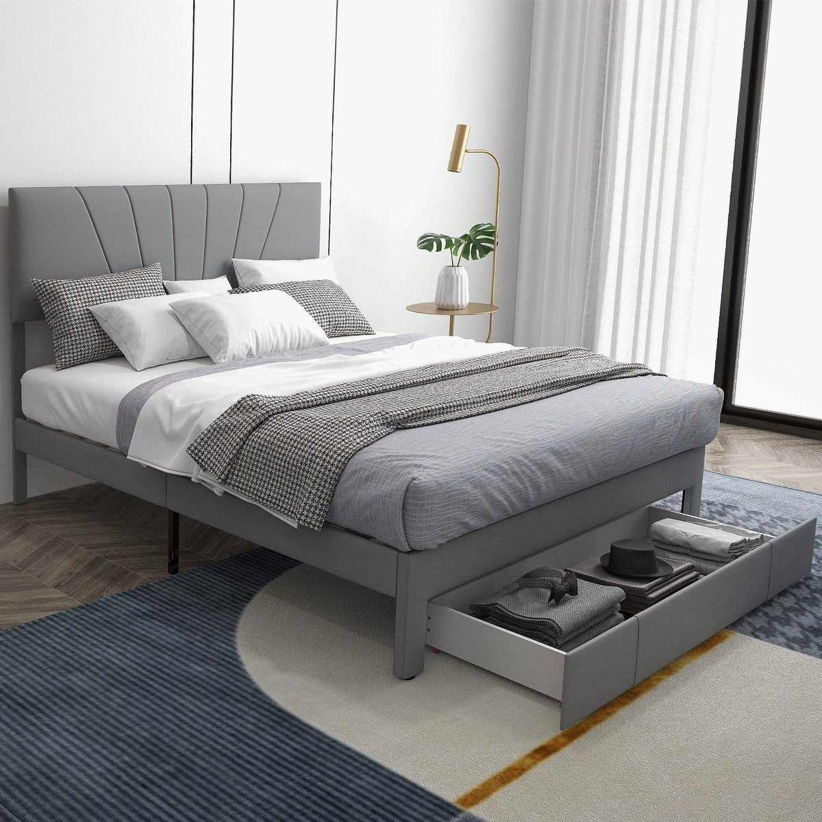 Polsterbett in Queen-Size mit verstellbarem Kopfteil und einer 45,5 Zoll großen Ausziehwahne, Grau