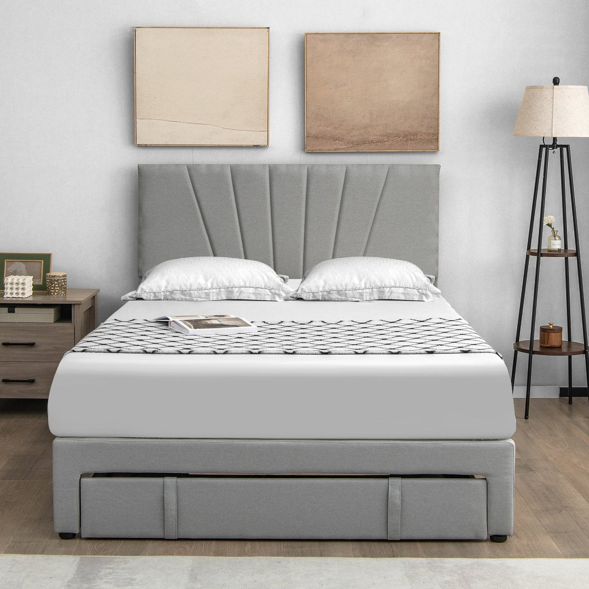 Polsterbett in Queen-Size mit verstellbarem Kopfteil und einer 45,5 Zoll großen Ausziehwahne, Grau