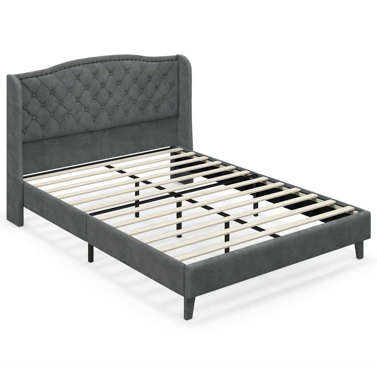 Gepolstertes Full-Size-Plattformbett mit geknöpftem Flügelkopfteil und 12 Holzlatten