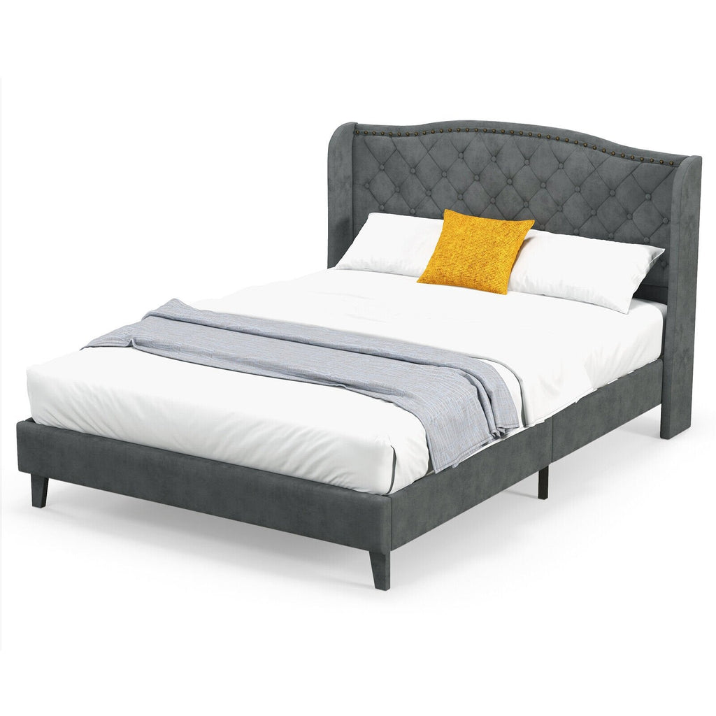 Gepolstertes Full-Size-Plattformbett mit geknöpftem Flügelkopfteil und 12 Holzlatten