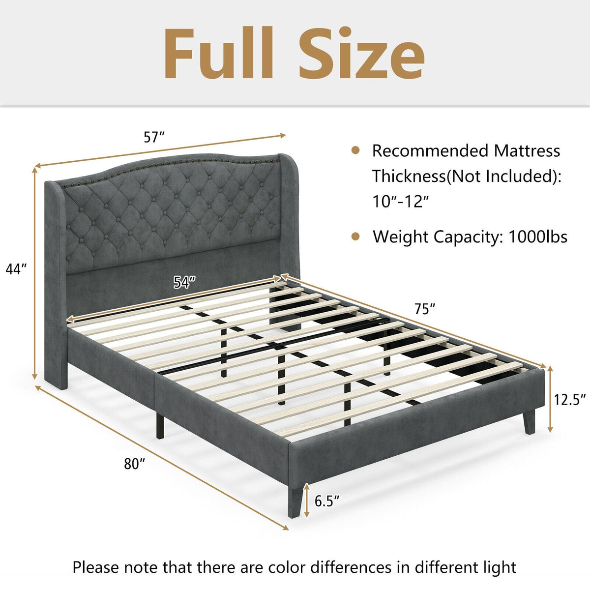 Gepolstertes Full-Size-Plattformbett mit geknöpftem Flügelkopfteil und 12 Holzlatten