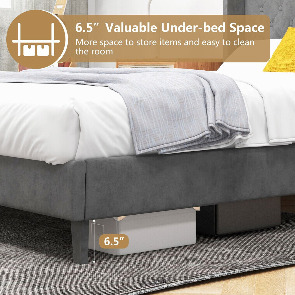 Gepolstertes Full-Size-Plattformbett mit geknöpftem Flügelkopfteil und 12 Holzlatten