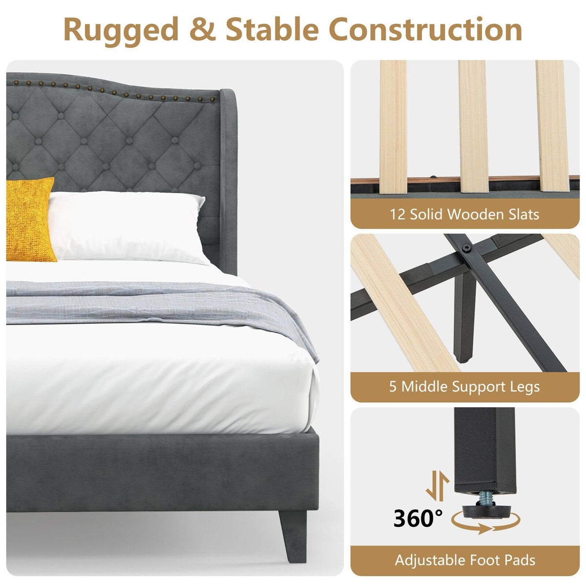 Gepolstertes Full-Size-Plattformbett mit geknöpftem Flügelkopfteil und 12 Holzlatten