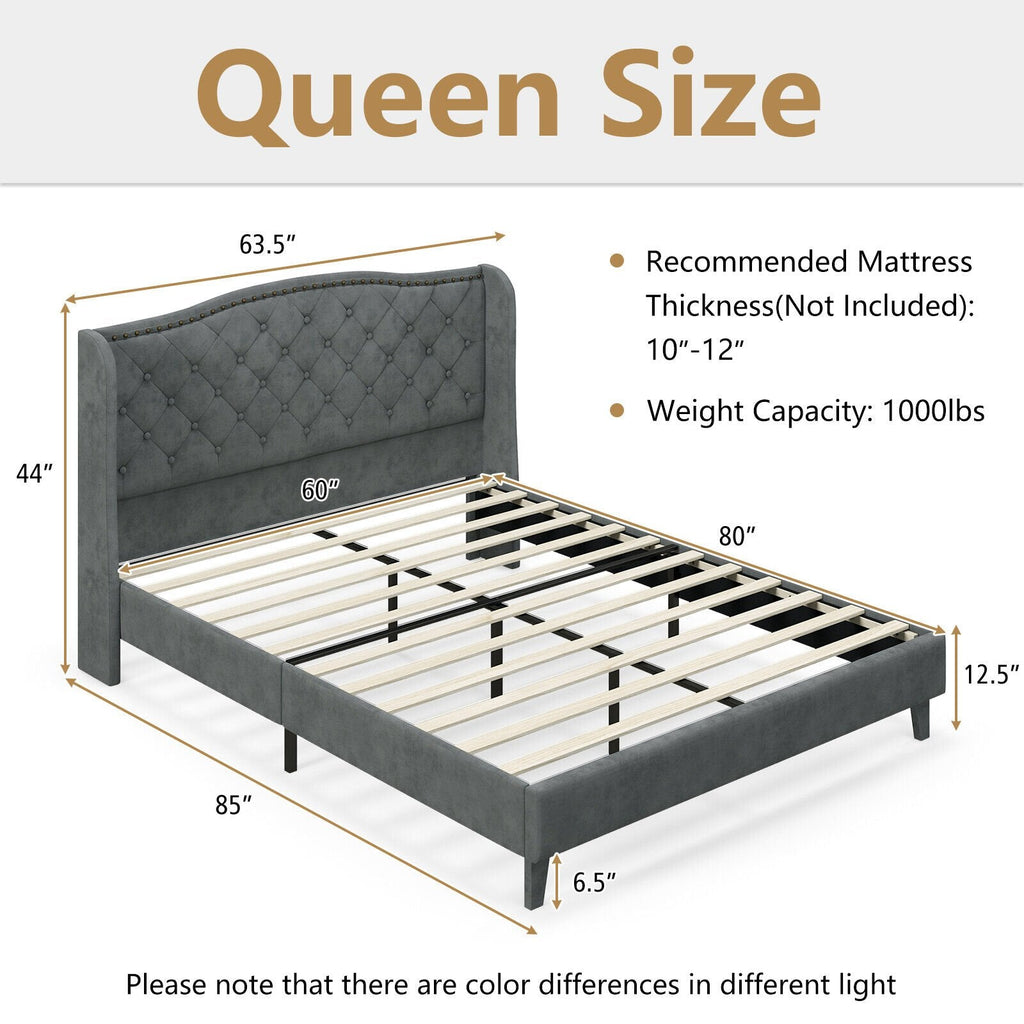 Lit plateforme queen rembourré avec tête de lit à oreilles capitonnée à boutons et 12 lattes en bois