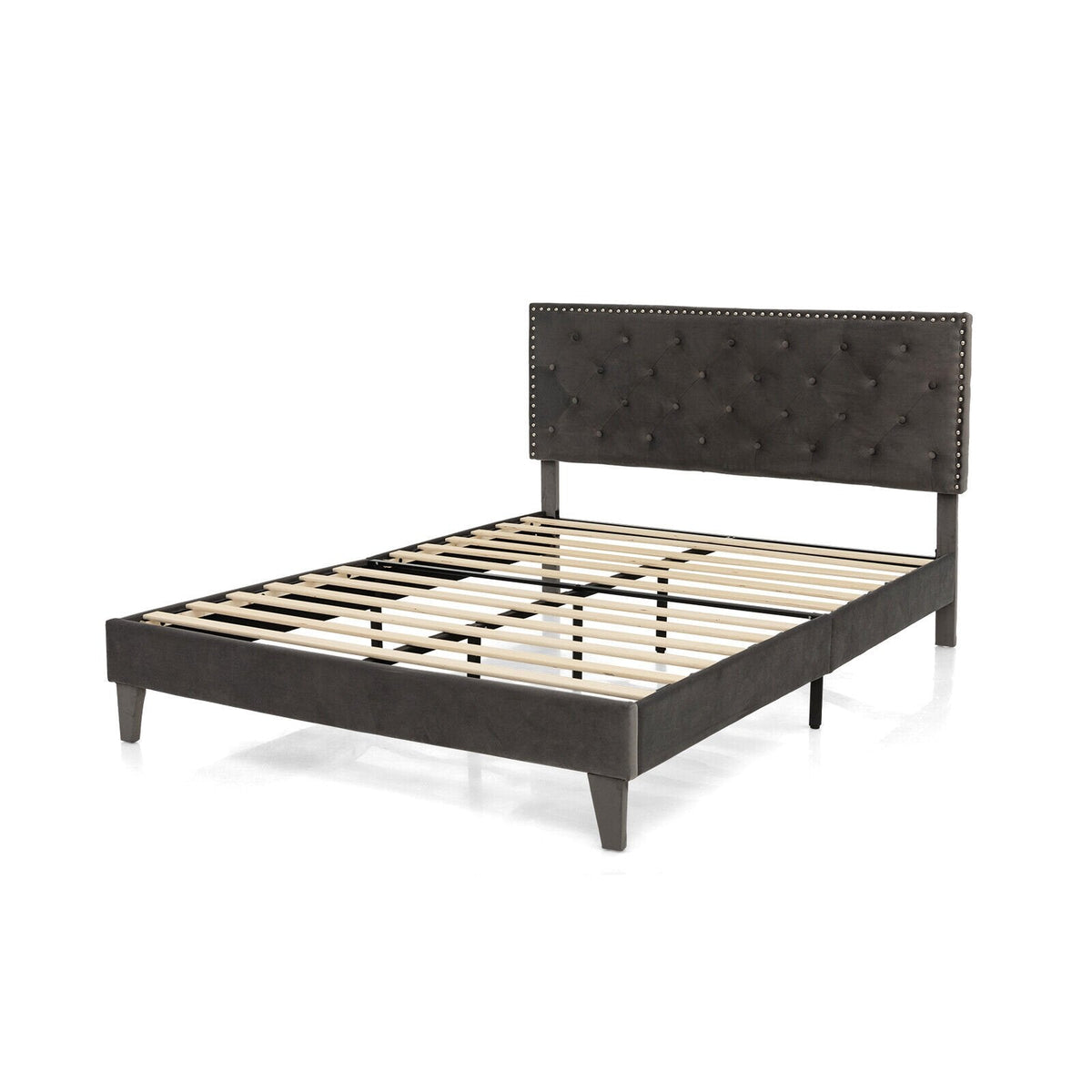 Cama de plataforma tapizada tamaño Queen con cabecera capitoné con tachuelas y 9 patas de soporte