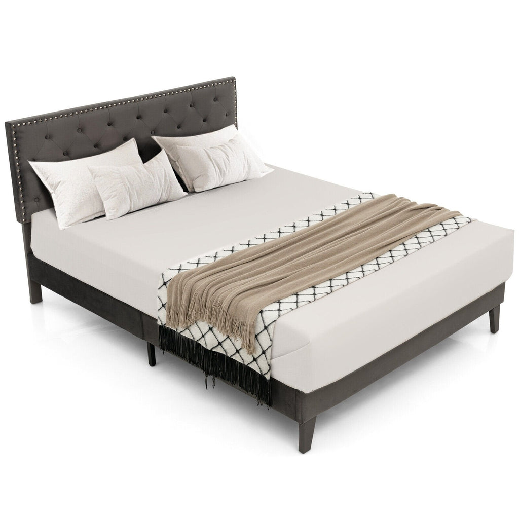 Cama de plataforma tapizada tamaño Queen con cabecera capitoné con tachuelas y 9 patas de soporte