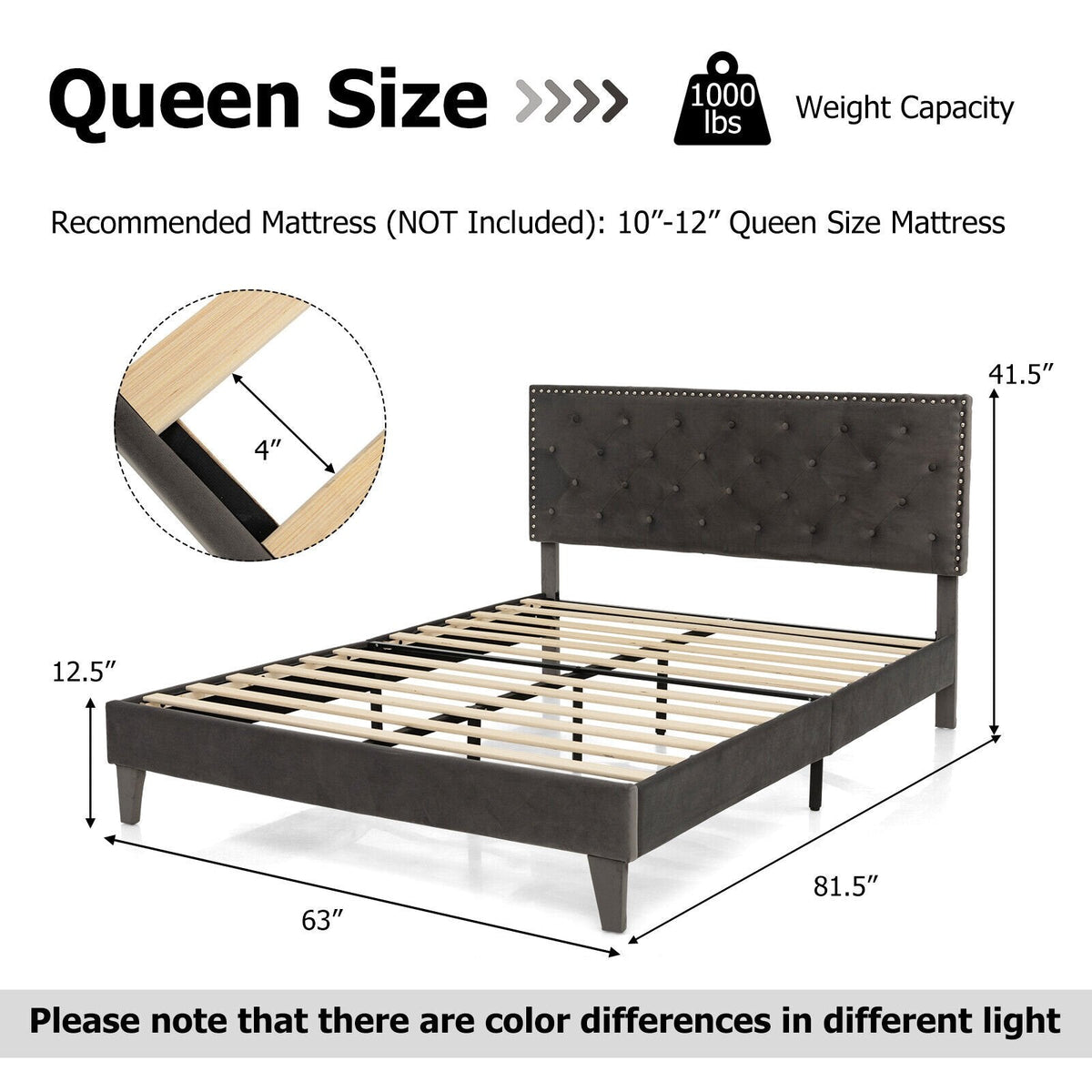 Cama de plataforma tapizada tamaño Queen con cabecera capitoné con tachuelas y 9 patas de soporte
