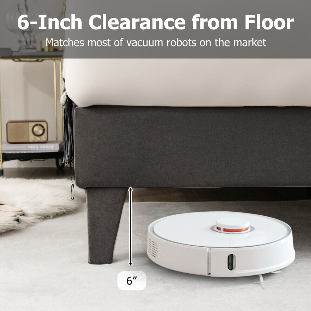 Cama de plataforma tapizada tamaño Queen con cabecera capitoné con tachuelas y 9 patas de soporte