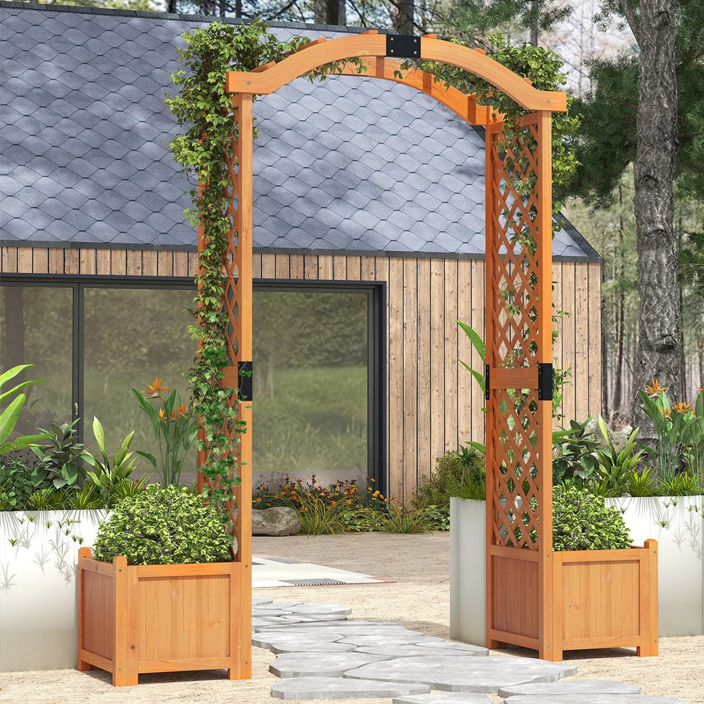 Pérgola de jardín de madera con jardinera y enrejado para plantas trepadoras, decoración - Naranja