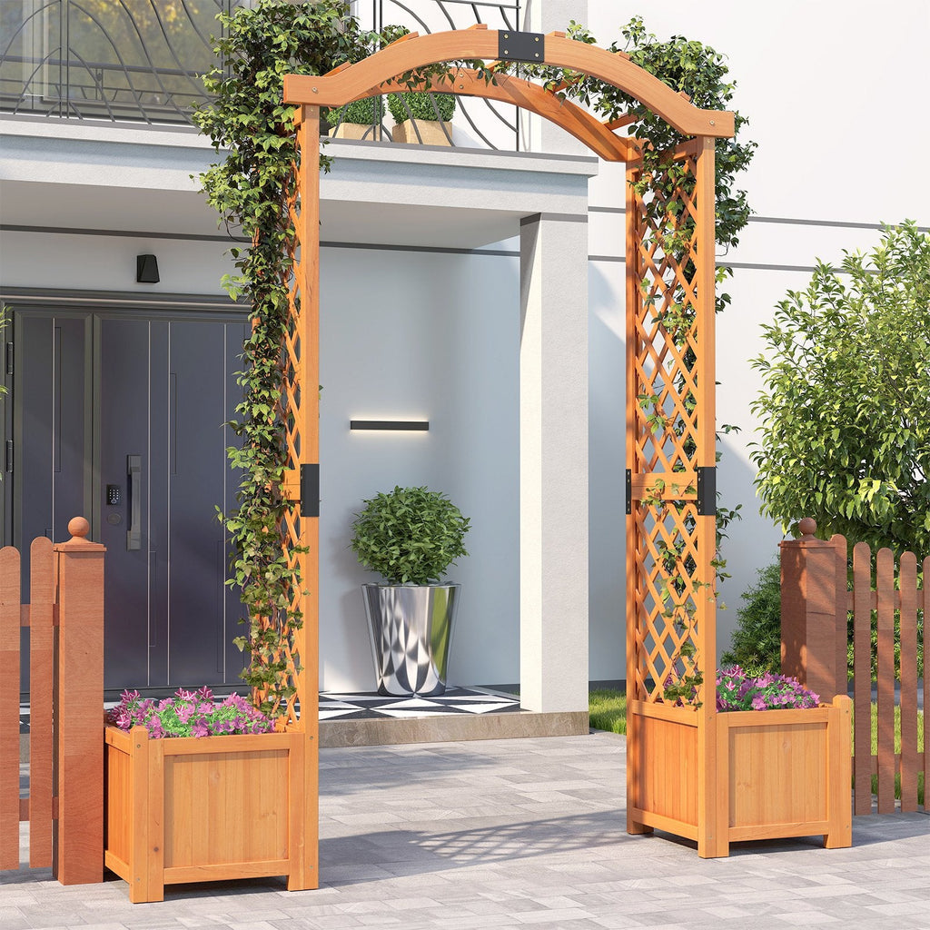 Pérgola de jardín de madera con jardinera y enrejado para plantas trepadoras, decoración - Naranja