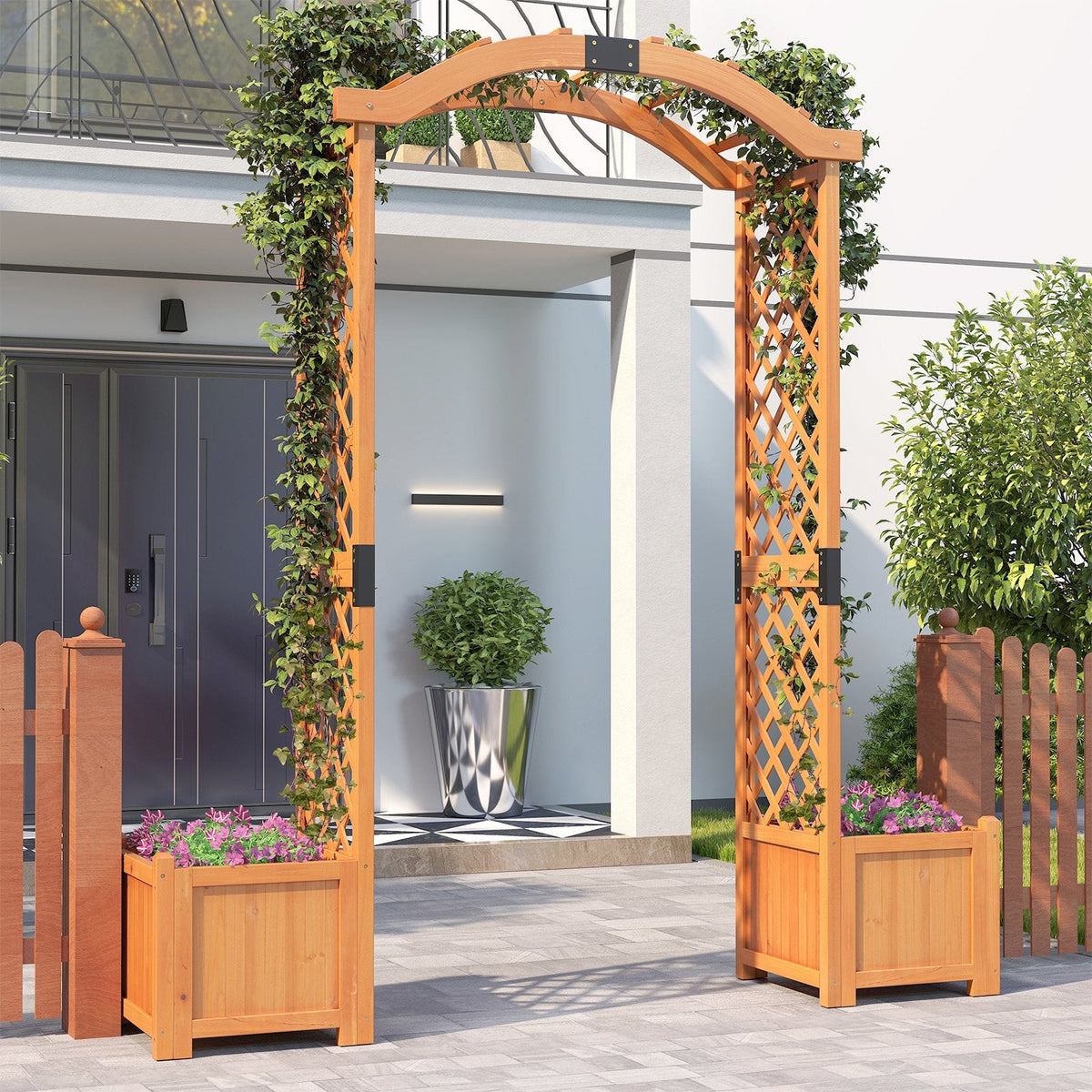 Pérgola de jardín de madera con jardinera y enrejado para plantas trepadoras, decoración - Naranja