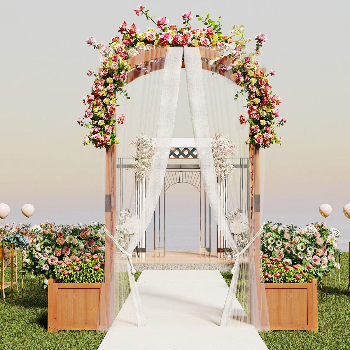 Pérgola de jardín de madera con jardinera y enrejado para plantas trepadoras, decoración - Naranja