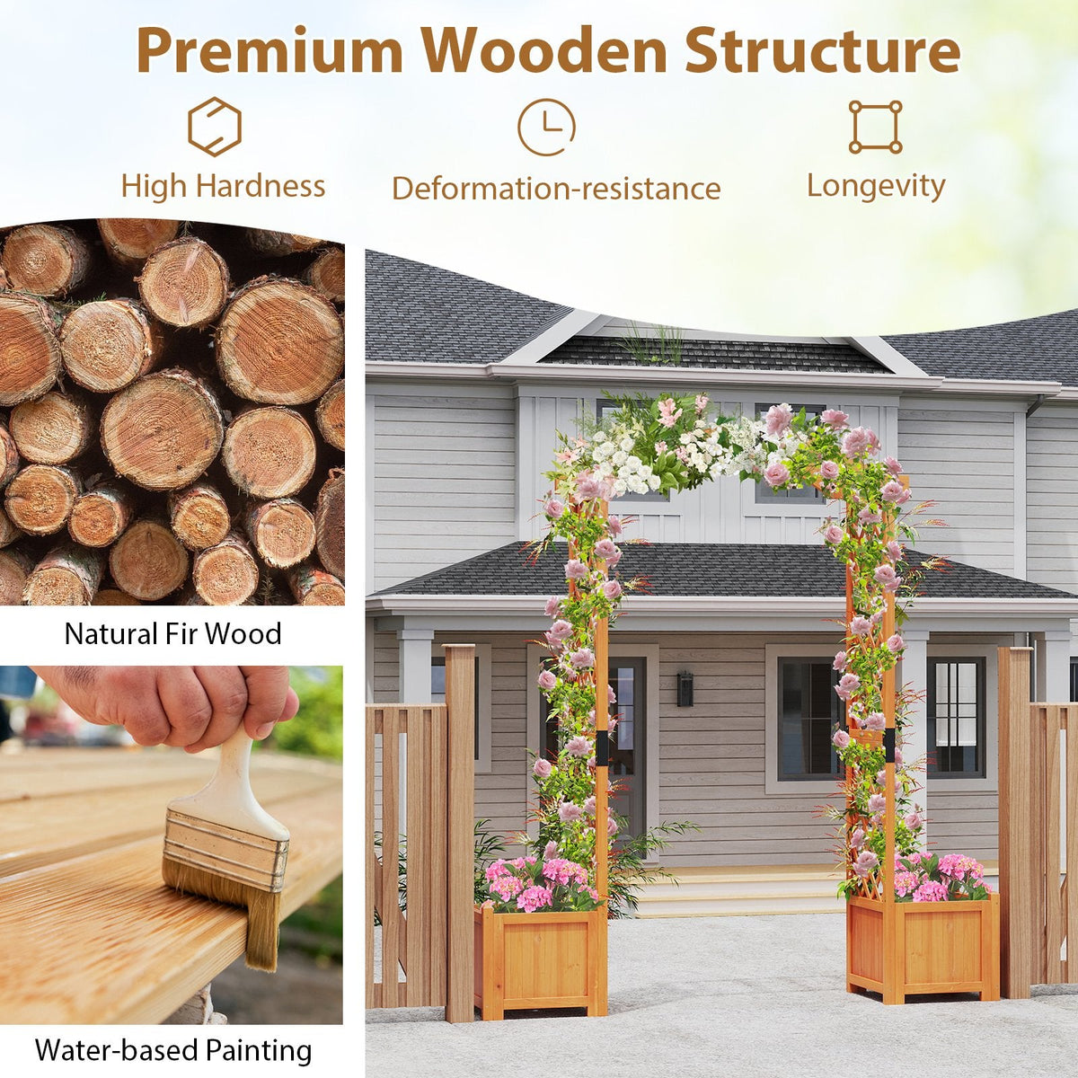 Pérgola de jardín de madera con jardinera y enrejado para plantas trepadoras, decoración - Naranja