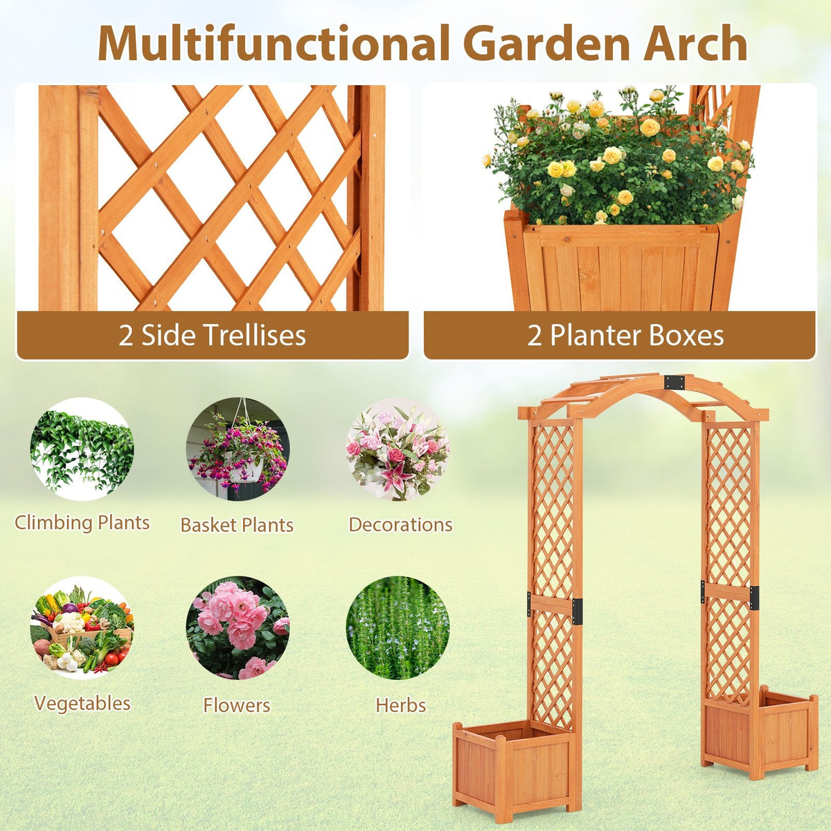 Pérgola de jardín de madera con jardinera y enrejado para plantas trepadoras, decoración - Naranja