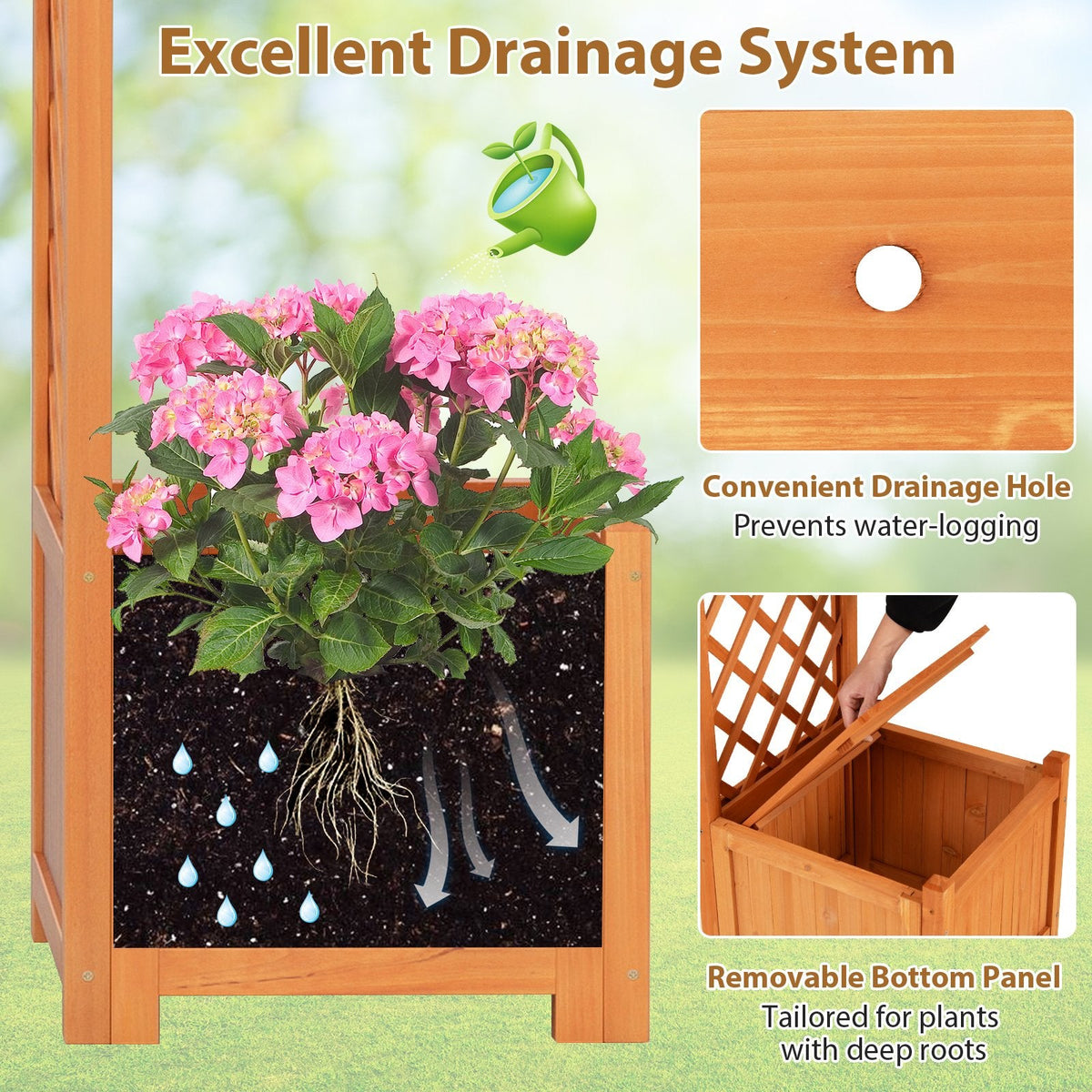 Pérgola de jardín de madera con jardinera y enrejado para plantas trepadoras, decoración - Naranja