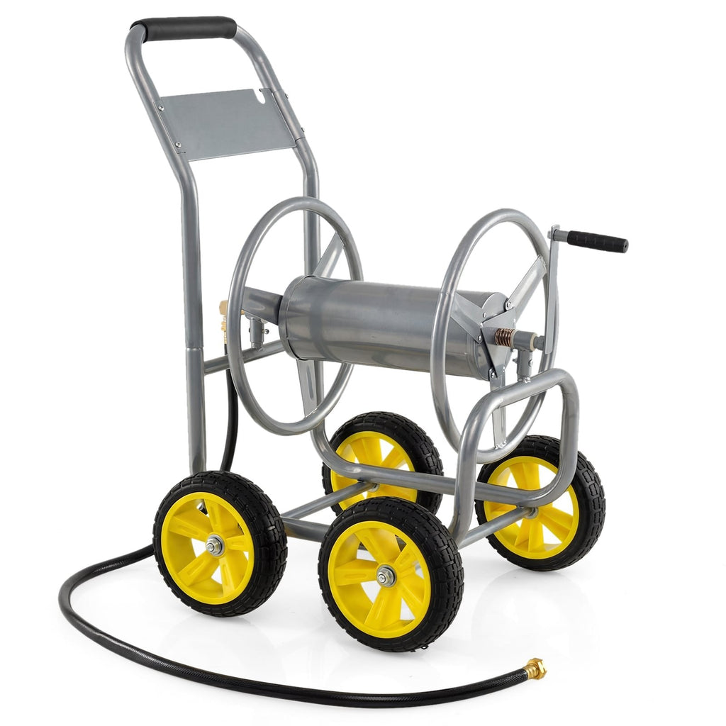 Carrito con carrete para manguera de jardín, 4 ruedas, organizador de manguera de agua de metal de alta resistencia, portátil, plateado
