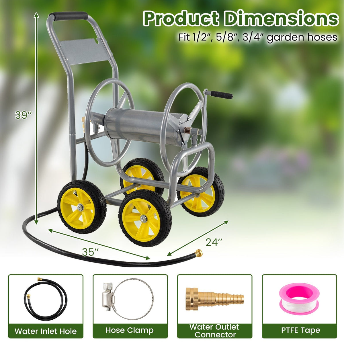 Carrito con carrete para manguera de jardín, 4 ruedas, organizador de manguera de agua de metal de alta resistencia, portátil, plateado