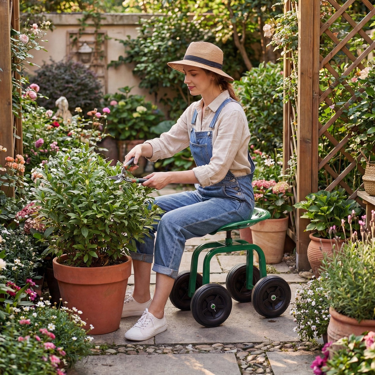 Garten-Rollarbeitsstuhl mit 360°-Schwenksitz und höhenverstellbarer Sitzhöhe – Grün