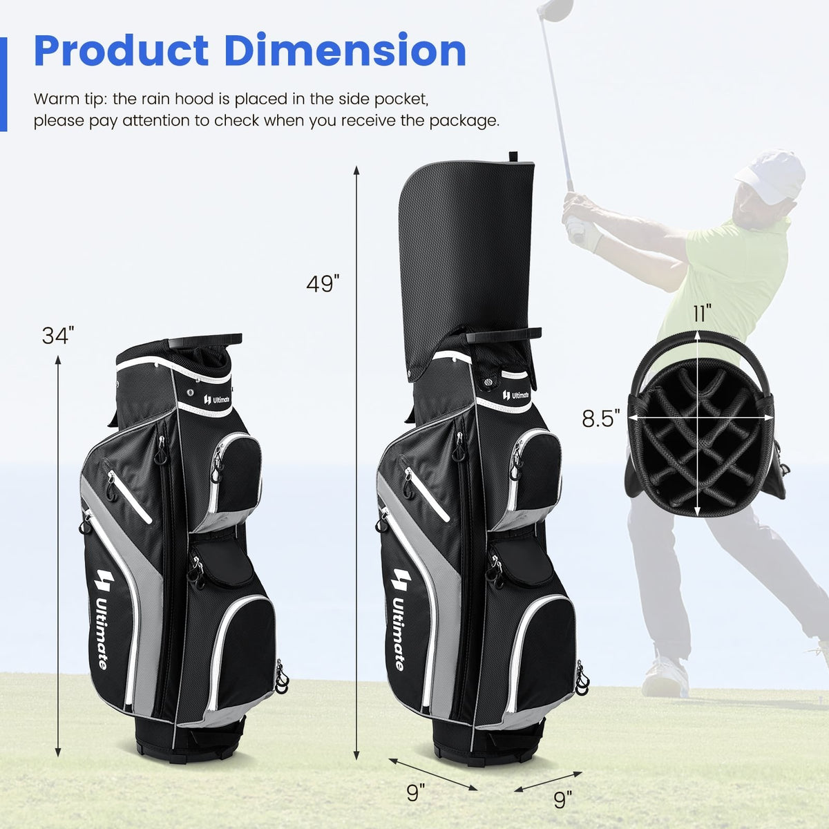 Golf-Cart-Tasche mit 14-fach unterteilbarer Tasche oben – Grau