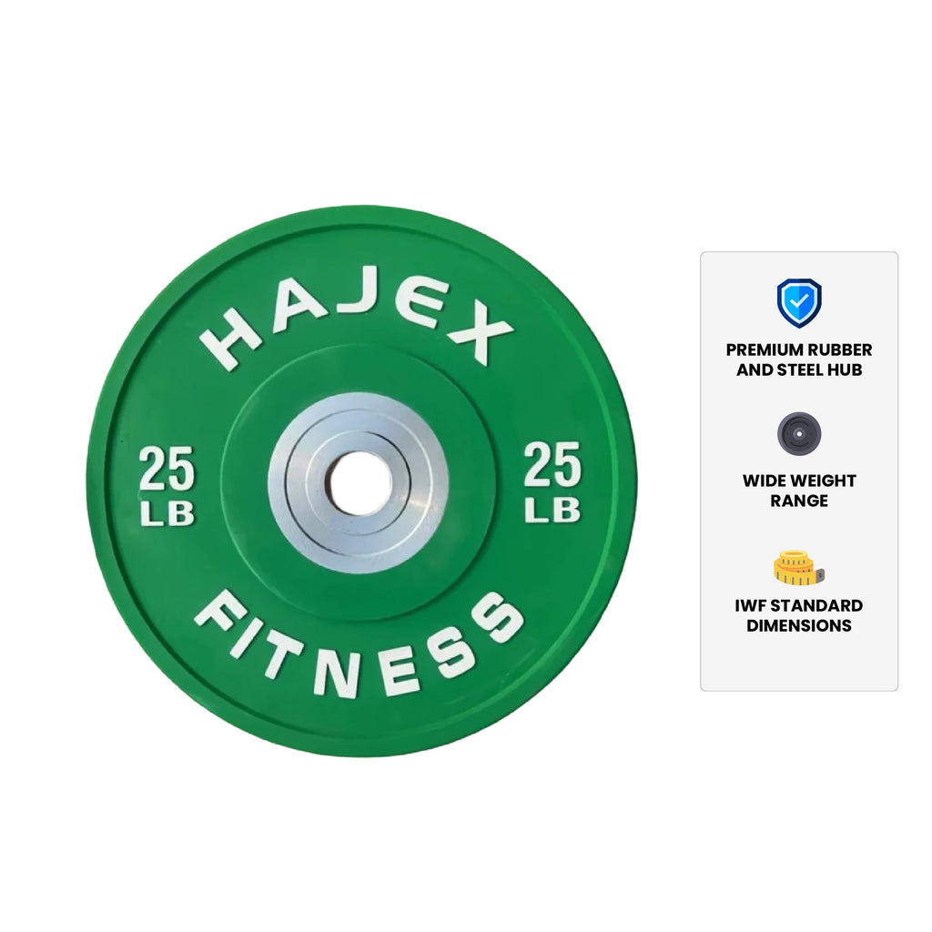 Discos bumper olímpicos de acero HAJEX con código de colores - 15, 25, 35, 45, 55 libras
