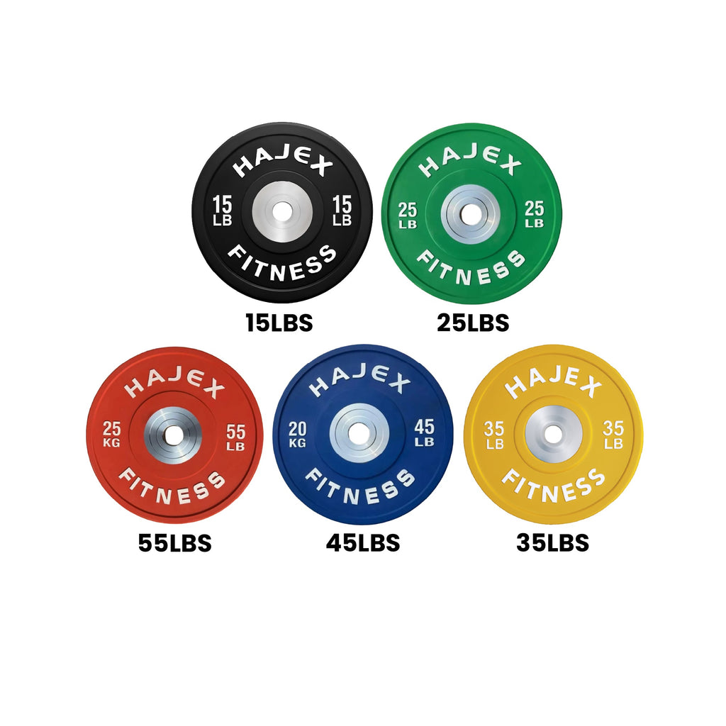 Discos bumper olímpicos de acero HAJEX con código de colores - 15, 25, 35, 45, 55 libras