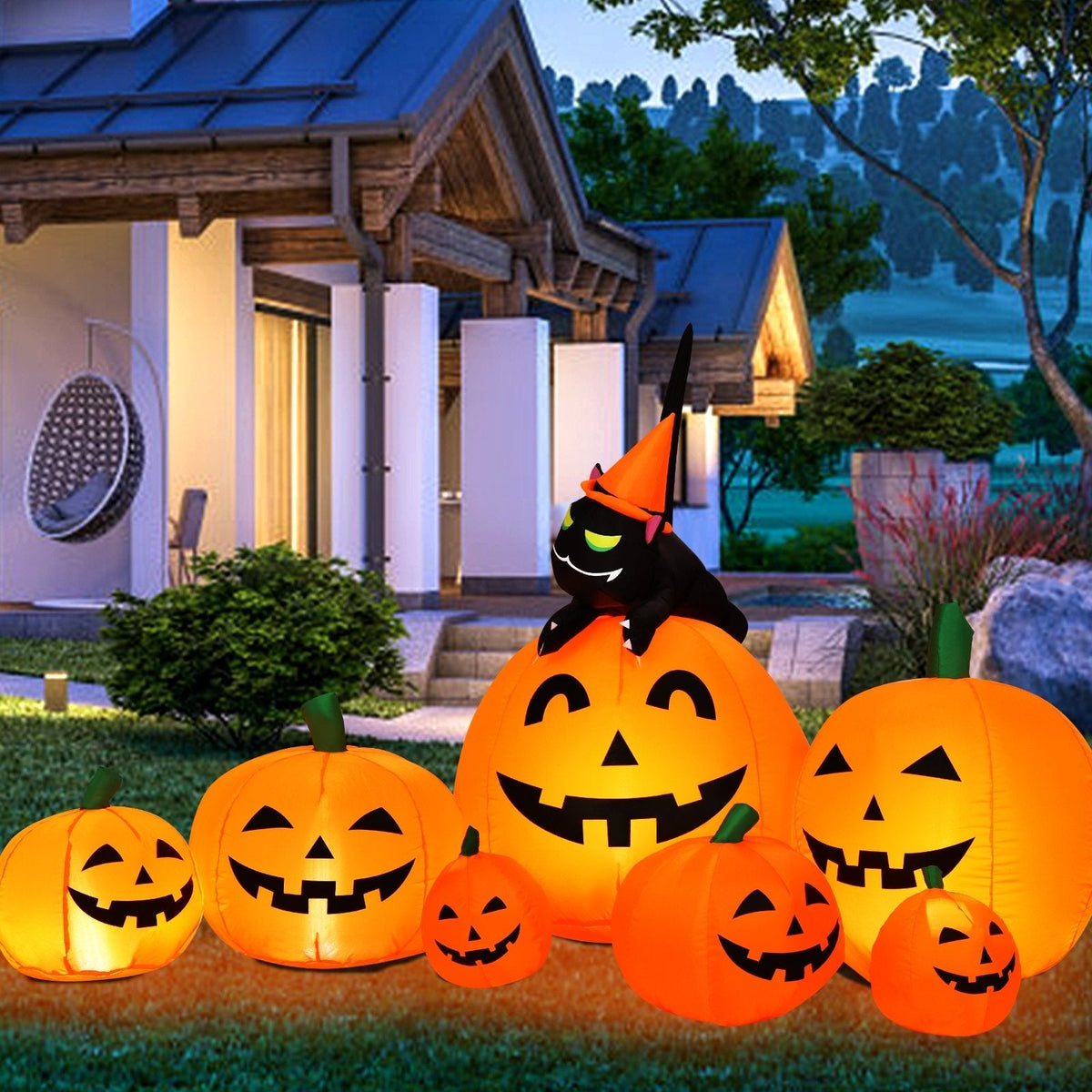 Halloween: Combo inflable de calabaza, gato negro y bruja de 2,2 metros