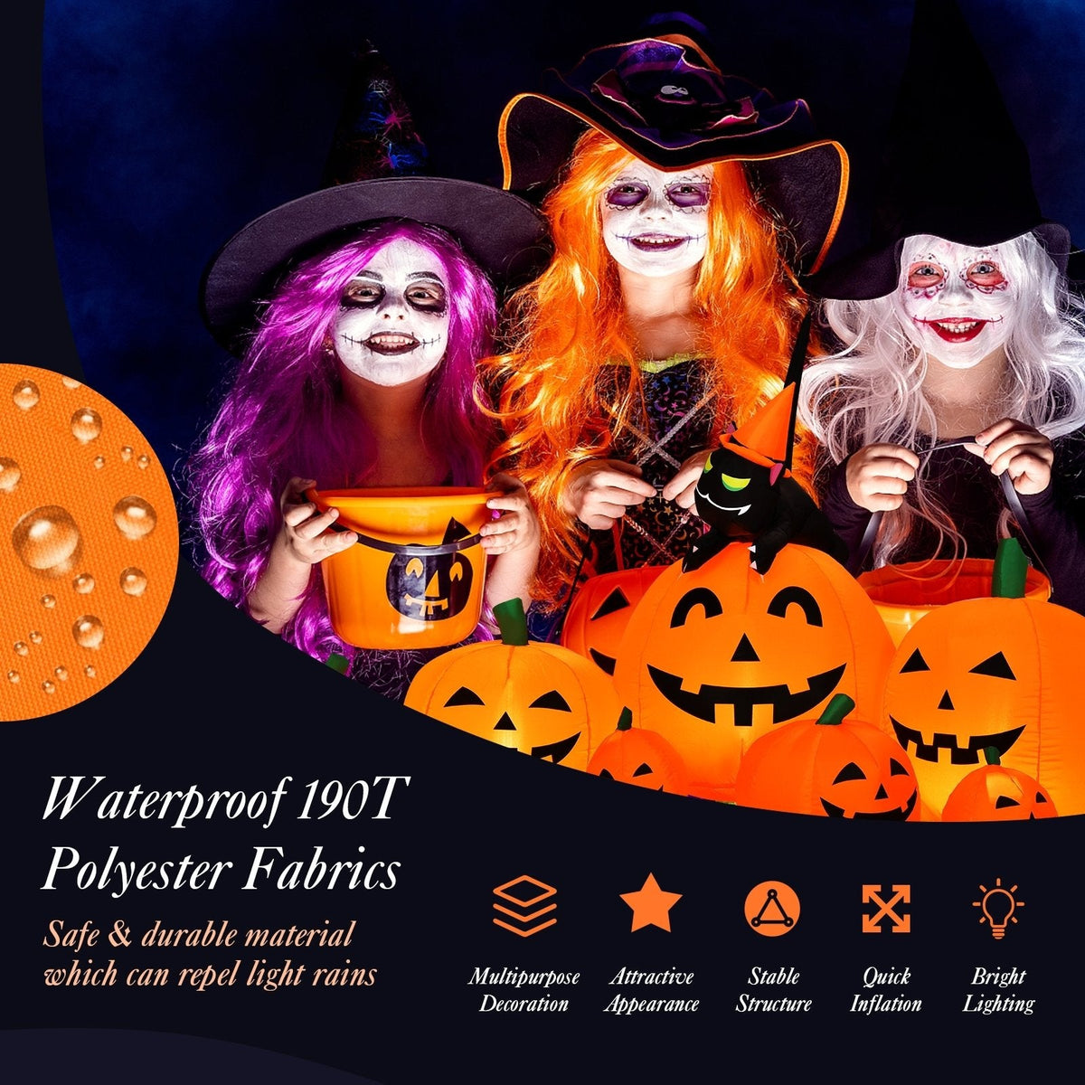 Halloween: Combo inflable de calabaza, gato negro y bruja de 2,2 metros