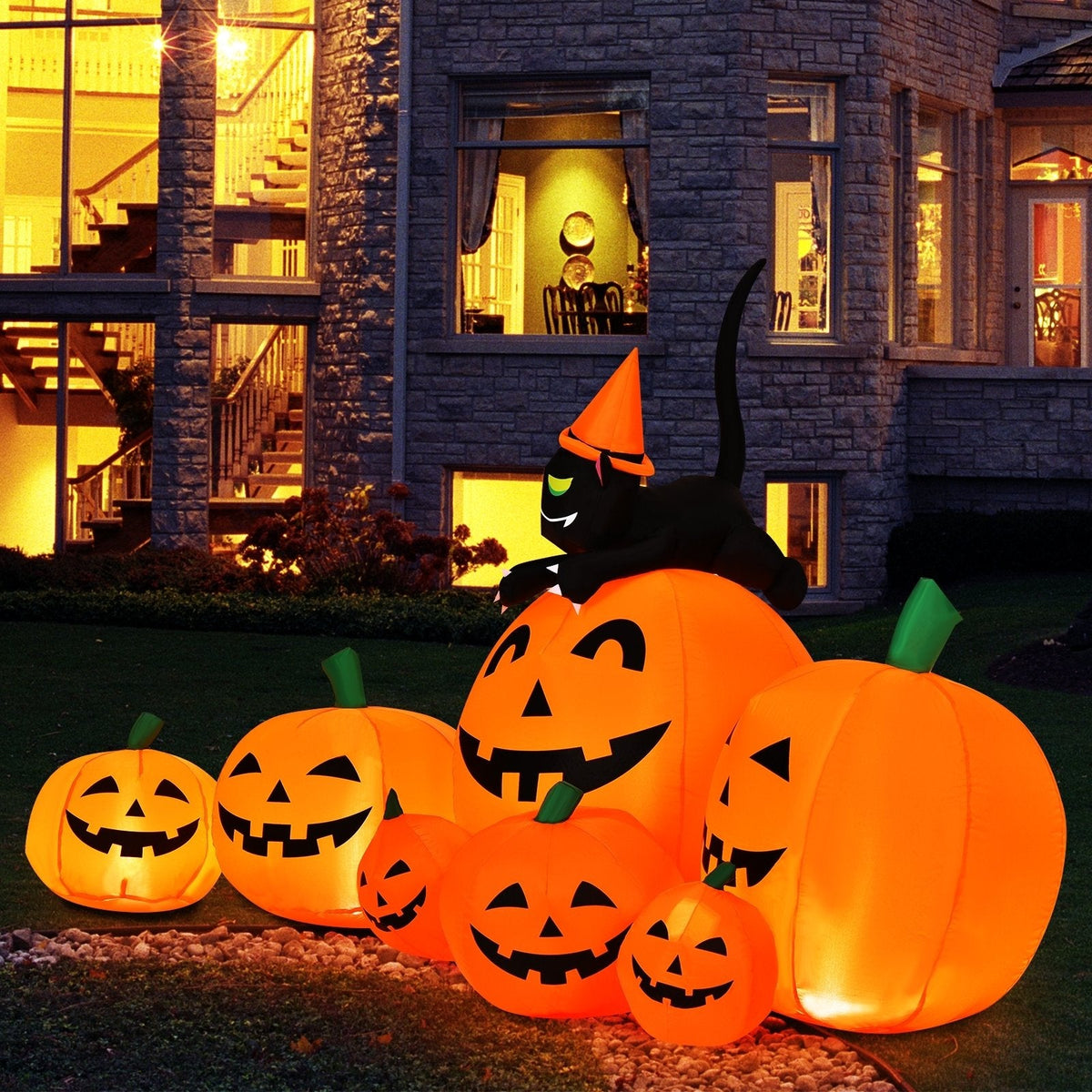 Halloween: Combo inflable de calabaza, gato negro y bruja de 2,2 metros