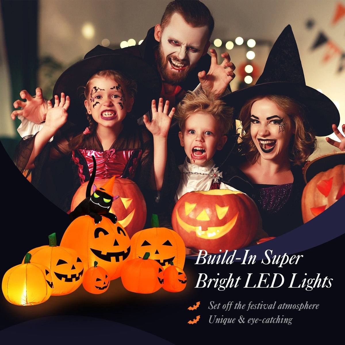 Halloween: Combo inflable de calabaza, gato negro y bruja de 2,2 metros