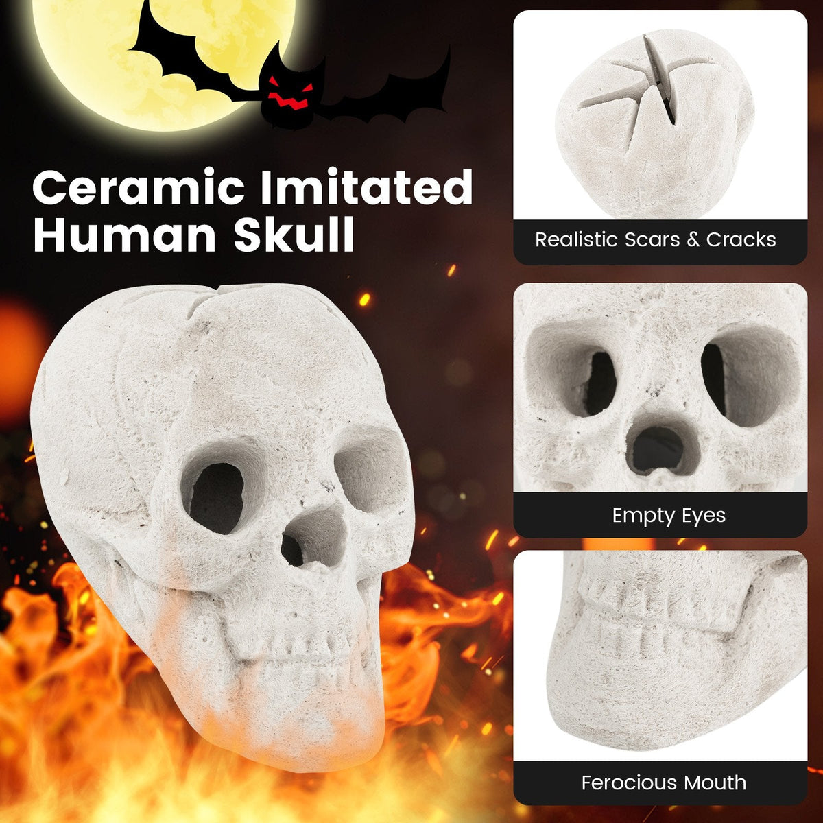 Hoguera de Halloween con calavera, decoración de Halloween, color beige