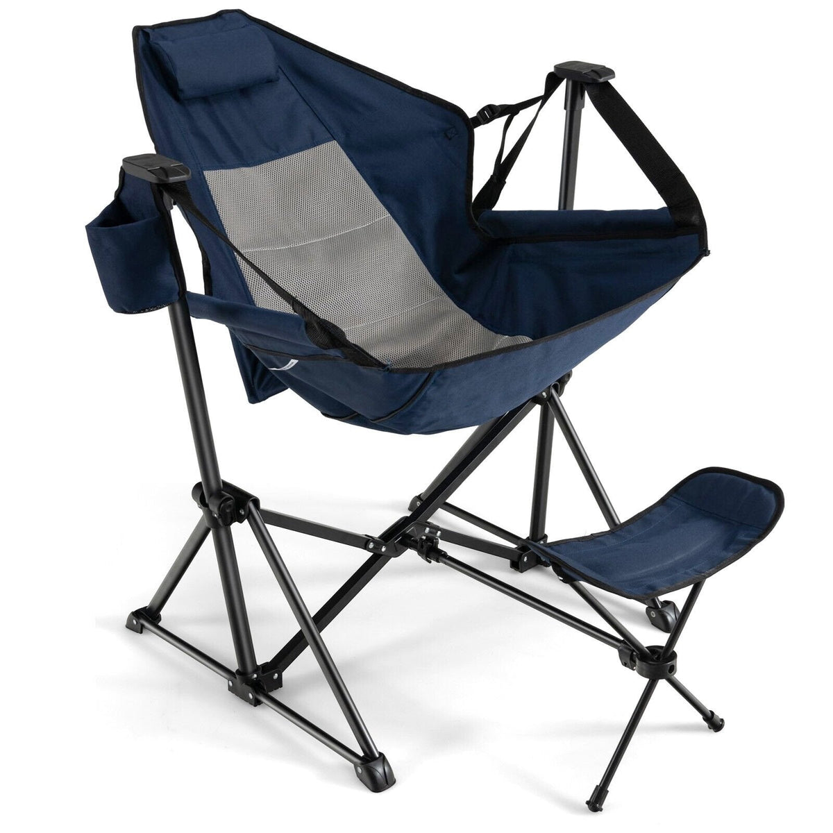 Chaise de camping hamac avec repose-pieds rétractable et sac de transport-Bleu marine