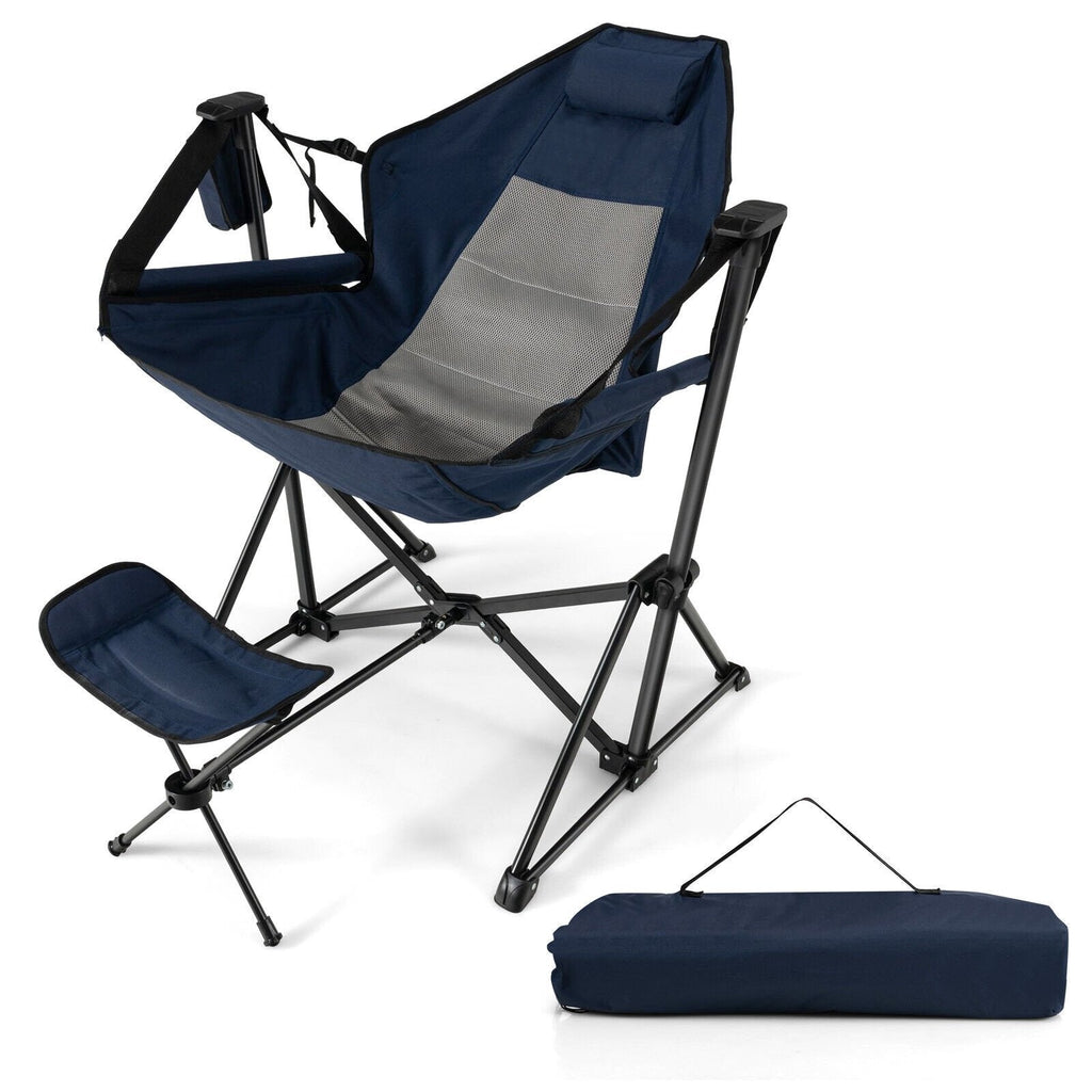 Chaise de camping hamac avec repose-pieds rétractable et sac de transport-Bleu marine